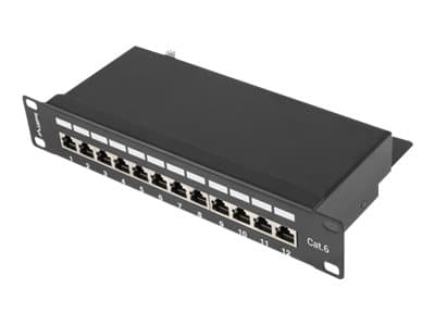 Lanberg PPF6-9012-B - Patch-panel - rackmontering - CAT 6 - STP - RJ-45 X 12 - RAL 9004, svart - 1U - 10" Svart