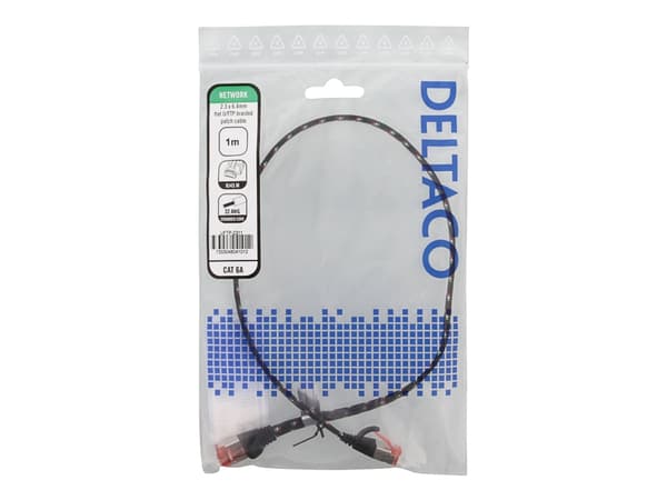 DELTACO - Patch-kabel - RJ-45 (hane) till RJ-45 (hane) - 1 m - U/FTP - CAT 6a - tvinnad, platt - svart