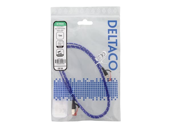 DELTACO - Koblingskabel - RJ-45 (hann) til RJ-45 (hann) - 1 m - U/FTP - CAT 6a - flertrådet, flat, uten hindringer - blå, hvit