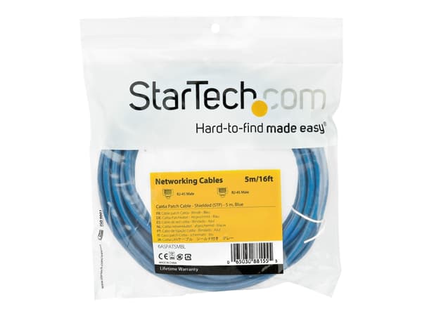 StarTech.com 5m CAT6A Ethernet Cable, 10 Gigabit Shielded Snagless RJ45 100W PoE Patch Cord, CAT 6A 10GbE STP Network Cable w/Strain Relief, Blue, Fl