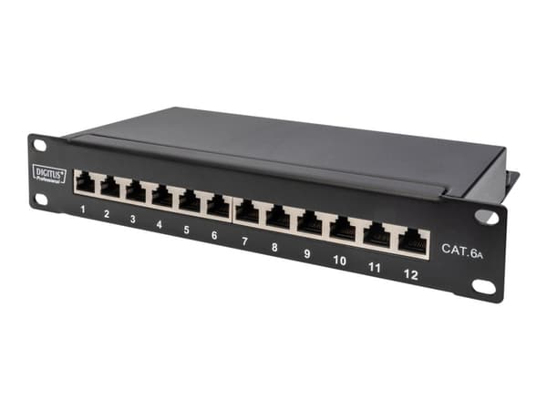 DIGITUS DN-91612S-EA - Koblingspanel - rackmonterbar - CAT 6a - STP - RJ-45 X 12 - svart, RAL 9005 - 1U - 10" Sort