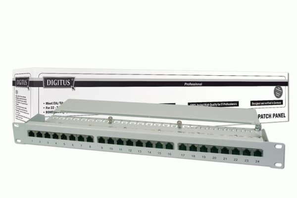 Digitus 19" CAT 5e patch panel, RJ-45, Cat5e, Harmaa, Telinekiinnitys, 1U, EN-50173 ISO/IEC 11801