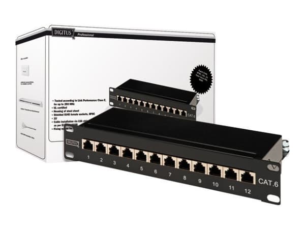 DIGITUS DN-91612S - Patch-panel - CAT 6 - RJ-45 X 12 - svart, RAL 9005 - 1U Svart