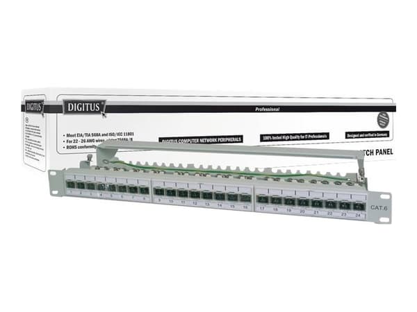 Digitus DN-91624S-EA, Gigabitti Ethernet, Cat6a, Harmaa, Telinekiinnitys, 1U, 1,5 mm Harmaa