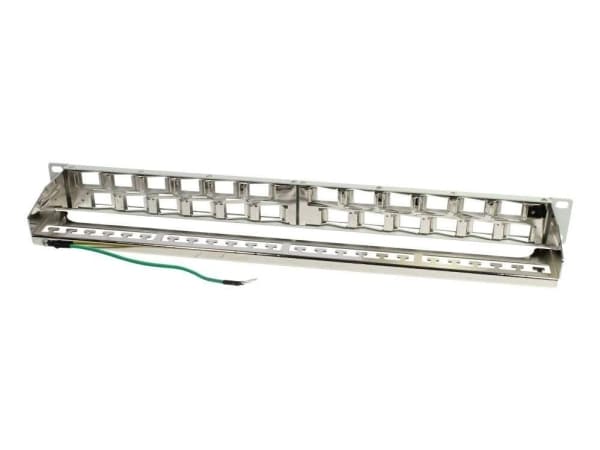 Keystone,moduuliräkki, 19" patch-paneeli 24xTP-moduulille, 1U(t 96mm) 45deg kulma ulostulo, vaaleanharmaa, Synergy 21,