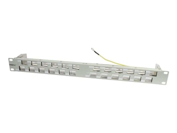 Keystone,moduuliräkki, 19" patch-paneeli 24xTP-moduulille, 1U(t 96mm) 45deg kulma ulostulo, vaaleanharmaa, Synergy 21,