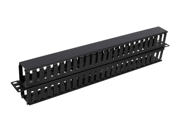 Deltacoimp 19" cable panel, metal/plastic, two-way channel, 1U, black 19-21