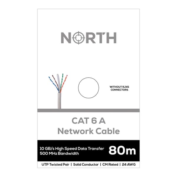NORTH Netværkskabel Cat6A UTP Hvid 80m uden stik Solid 10Gb/s 500MHz 24awg CM
