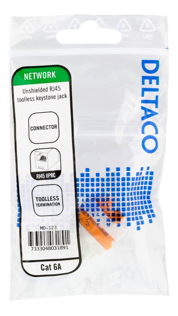 Cat6A Keystone jack, toolless, plastic, white/orange