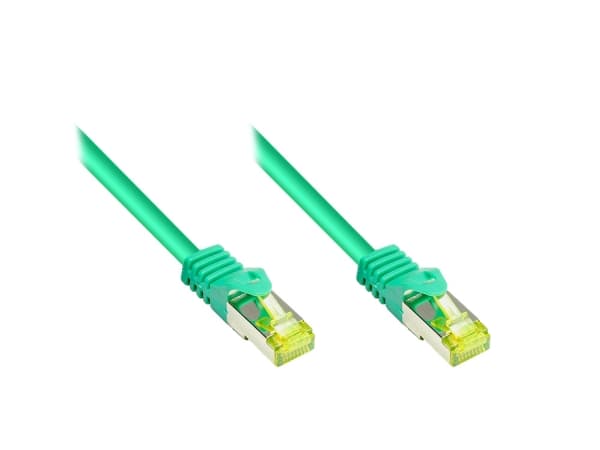 RJ45 patchkabel med Cat.7 råkabel og låsebeskyttelse (RNS®), S/FTP, PiMF, halogenfri, 600MHz, OFC, grønn, 10m, Good Connections® (8070R-100G)