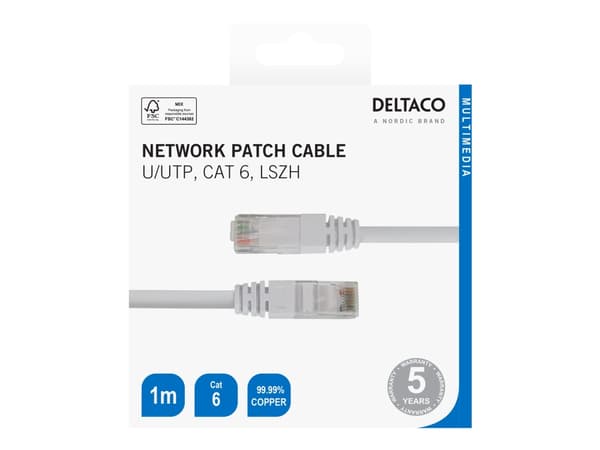 DELTACO U/UTP Cat6 patchkabel, LSZH, 1m, vit
