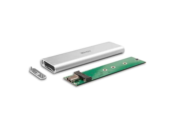 Lindy 43332, SSD-inkapsling, M.2, SATA, USB-anslutning, Silver