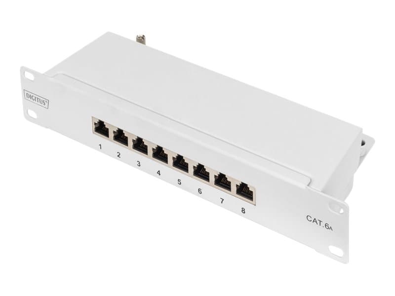 DIGITUS - Patch-panel - Cat 6a, Class E, shielded - väggmontering, rackmontering - CAT 6a - RJ-45 X 8 - grå, RAL 7035 - 1U - 10"