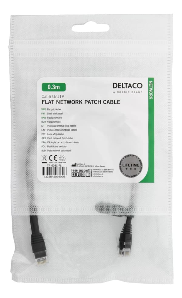 DELTACO U/UTP Cat6 patchkable, flat, 0,3m, 250Hz, svart