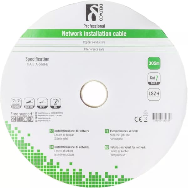 DELTACO S/FTP installationskabel Cat7, LSZH, 305m, hvid