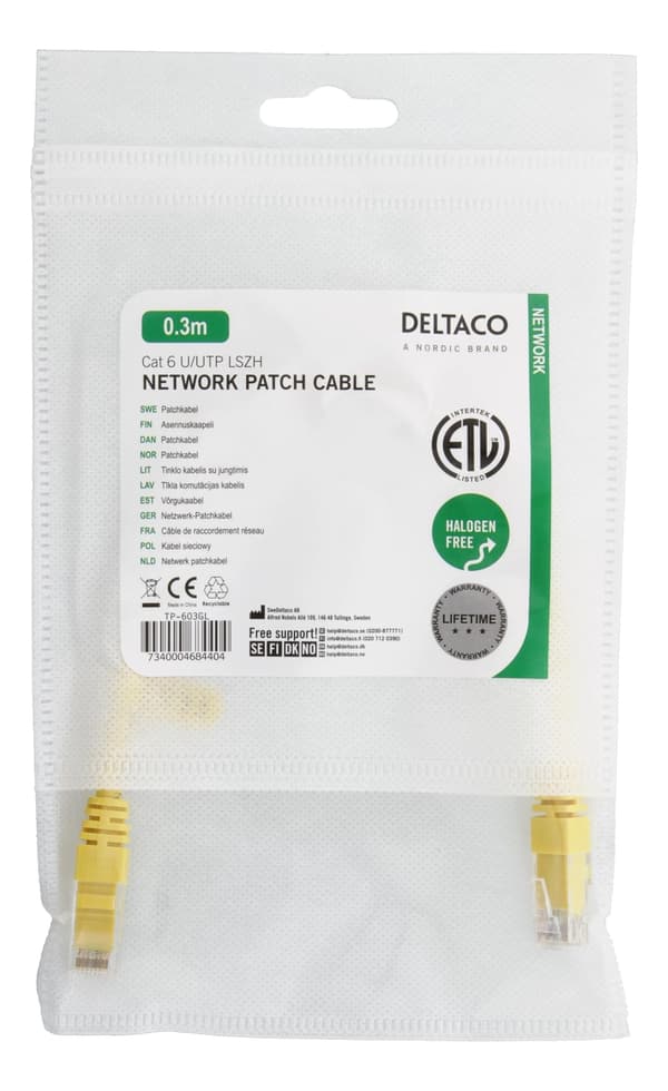 DELTACO U/UTP Cat6 patchkabel, 0,3m, gul
