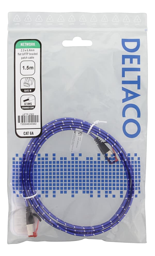 DELTACO Tough Flat CAT.6A U/FTP Patch Cable, 28AWG, 1.5m, blue