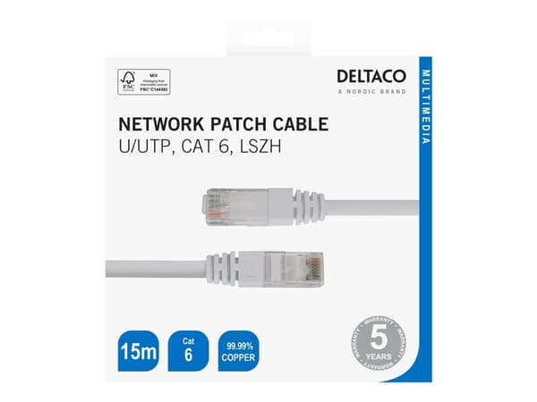 DELTACO - Koblingskabel - RJ-45 (hann) til RJ-45 (hann) - 15 m - UTP - CAT 6 - halogenfri, formstøpt - hvit