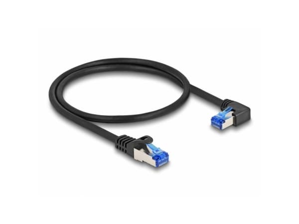 Delock - Nätverkskabel - RJ-45 (hane) rak till RJ-45 (hane) högervinklad - 50 cm - 6 mm - S/FTP - CAT 6a - halogenfri, hakfri - svart