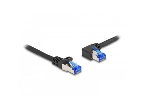 Delock RJ45 verkkokaapeli Cat.6A S/FTP suora / vasen kulma 0,5 m musta
