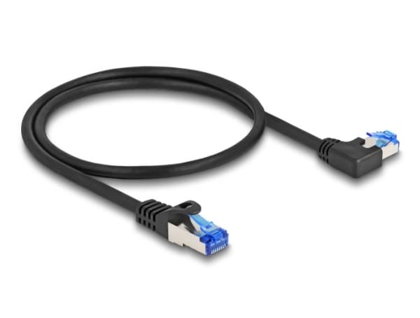 Delock RJ45 verkkokaapeli Cat.6A S/FTP suora / vasen kulma 0,5 m musta