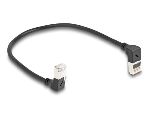 Delock RJ45 verkkokaapeli Cat.6A S/FTP Slim 90° kulma ylhäällä / alhaalla 0,25 m musta