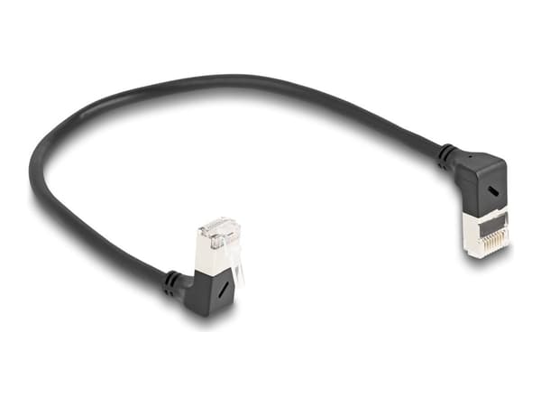 Delock RJ45 verkkokaapeli Cat.6A S/FTP Slim 90° kulma ylhäällä / alhaalla 0,25 m musta