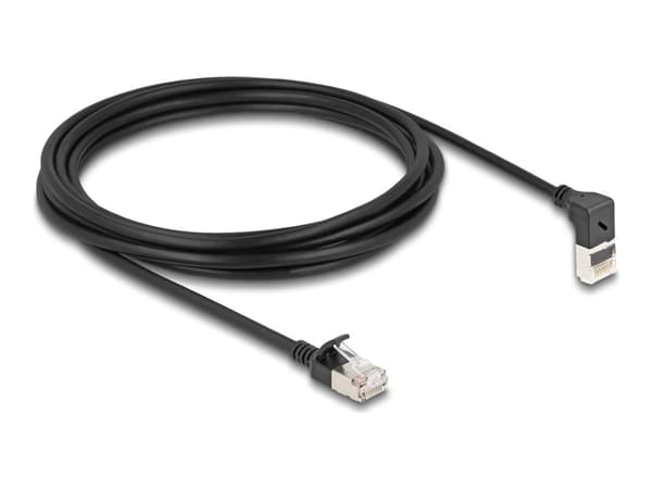 Delock RJ45 nätverkskabel Cat.6A S/FTP Slim 90° topp vinklad / rak 3 m svart