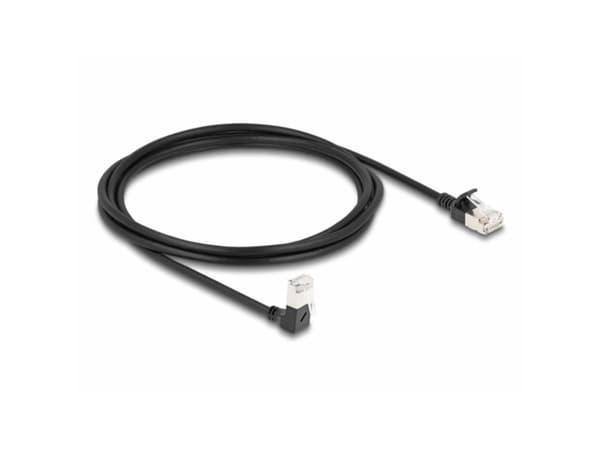 Delock - Nettverkskabel - RJ-45 (hann) nedvinklet til RJ-45 (hann) rett - 2 m - 4.5 mm - S/FTP - CAT 6a - med støvel, halogenfri - svart