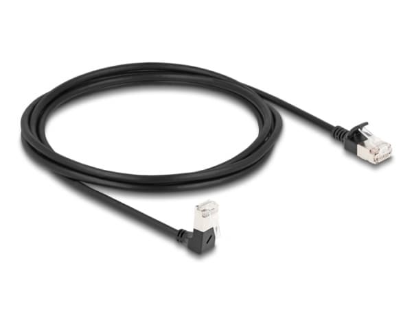 Delock - Nettverkskabel - RJ-45 (hann) nedvinklet til RJ-45 (hann) rett - 2 m - 4.5 mm - S/FTP - CAT 6a - med støvel, halogenfri - svart