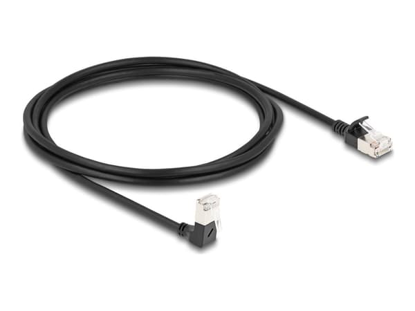 Delock - Nettverkskabel - RJ-45 (hann) nedvinklet til RJ-45 (hann) rett - 2 m - 4.5 mm - S/FTP - CAT 6a - med støvel, halogenfri - svart