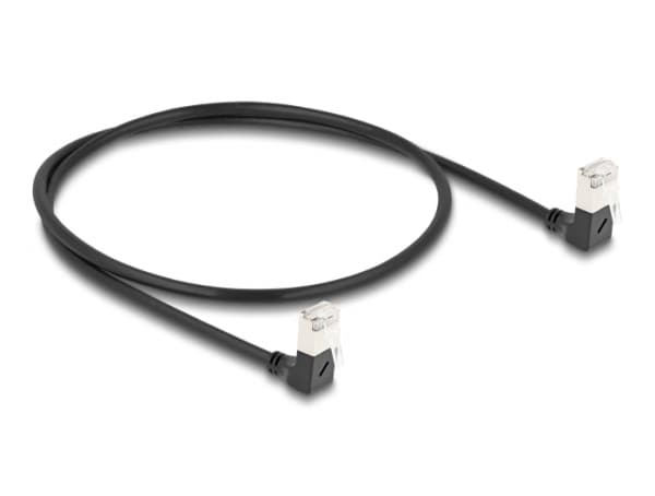 Delock RJ45 verkkokaapeli Cat.6A S/FTP Slim 90° alhaalta / alhaalta kulmautuva 0,5 m musta