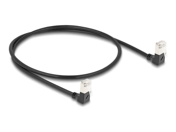 Delock RJ45 verkkokaapeli Cat.6A S/FTP Slim 90° alhaalta / alhaalta kulmautuva 0,5 m musta