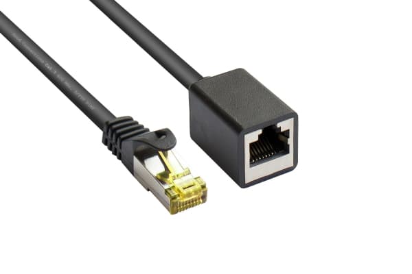 RJ45 liitäntäkaapelin jatkojohto Cat.7 raakakaapelilla ja lukitussuojalla (RNS®), S/FTP, PiMF, halogeeniton, 600MHz, OFC, musta, 3m, Good Connections