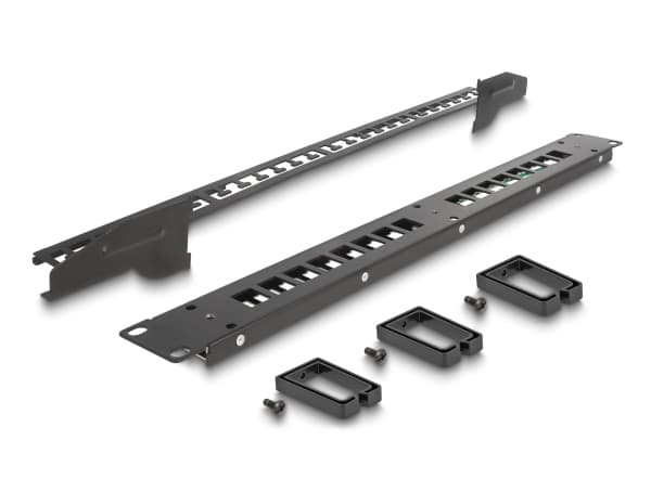 Delock - Koblingspanel - with 3 hooks, strain relief - skapmonterbar - svart - 1U - 19" - 16 porter