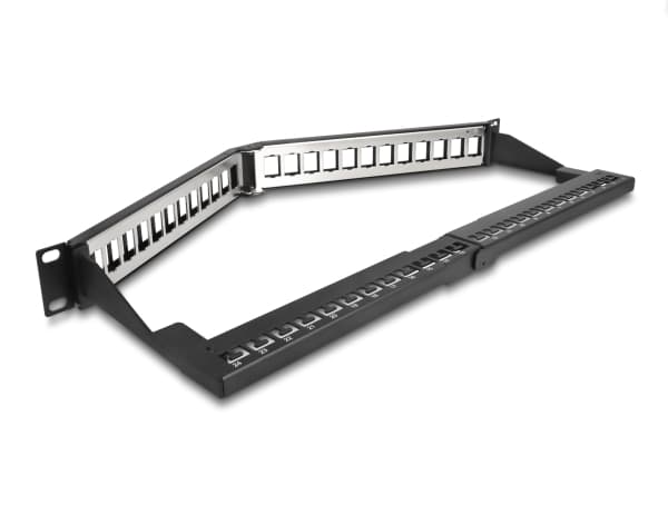 Delock - Koblingspanel - angled, with strain relief - skapmonterbar - svart, RAL 9005 - 1U - 19" - 24 porter