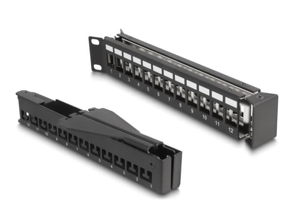 Delock - Koblingspanel - angled, with strain relief - skapmonterbar - svart, RAL 9005 - 1U - 19" - 24 porter