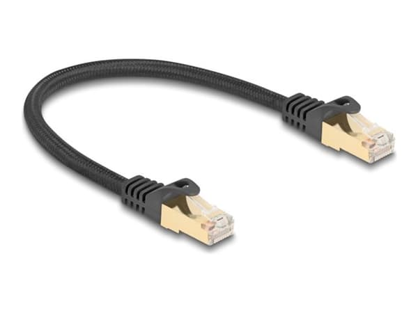 Delock - Koblingskabel - RJ-45 (hann) til RJ-45 (hann) - 25 cm - 7 mm - S/FTP - CAT 6a - formstøpt, uten hindringer, braided coating - svart