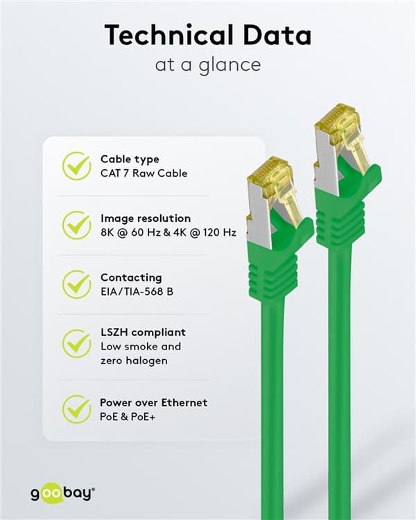 Goobay RJ45 netværkskabel S/FTP (PiMF), 500 MHz, med CAT 7 råkabel, grøn, 20 m LSZH halogenfri kabelkappe, kobber, RJ45-hanstik (CAT 6A)