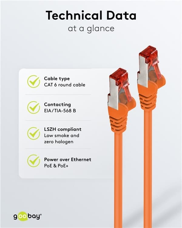 Goobay Netværkskabel CAT 6, S/FTP (PiMF), orange, 0,15 m kobberleder (CU), halogenfri kabelkappe (LSZH)