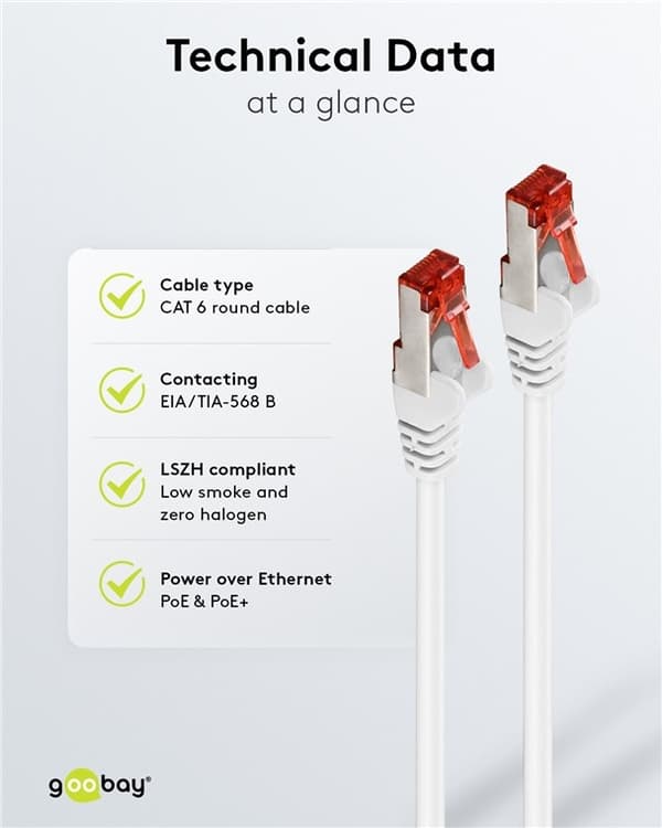 Goobay Kretskabel CAT 6, S/FTP (PiMF), hvit, 0,5 m kobberleder (CU), halogenfri kabelmantel (LSZH)