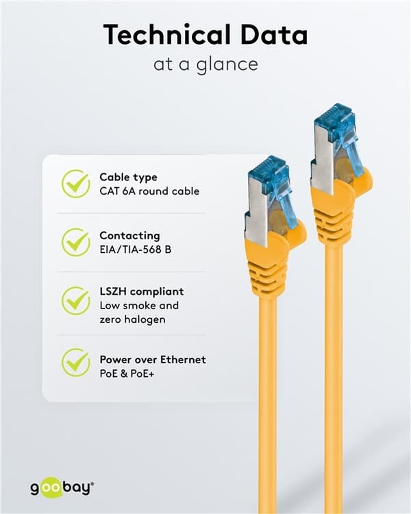 Goobay Netværkskabel CAT 6A, S/FTP (PiMF), gul, 1 m kobberleder (CU), halogenfri kabelkappe (LSZH)