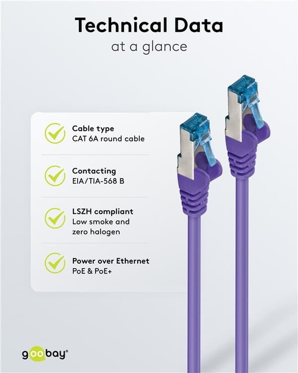 Goobay Patchkabel CAT 6A, S/FTP (PiMF), violett, 1 m opparledare (CU), halogenfri kabelhölje (LSZH)