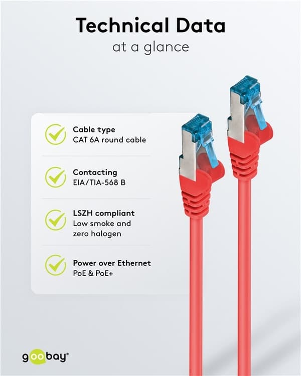 Goobay Patchkabel CAT 6A, S/FTP (PiMF), röd, 3 m opparledare (CU), halogenfri kabelhölje (LSZH)