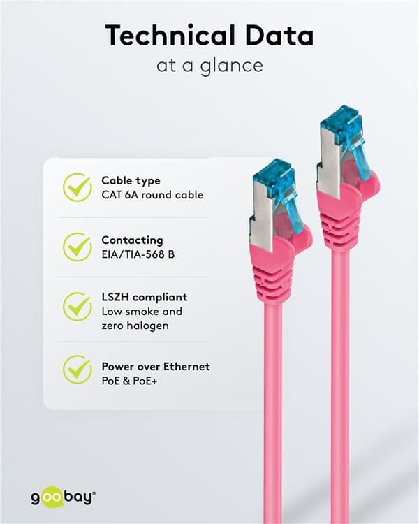 Goobay Kretskabel CAT 6A, S/FTP (PiMF), magenta, 15 m kobberleder (CU), halogenfri kabelmantel (LSZH)