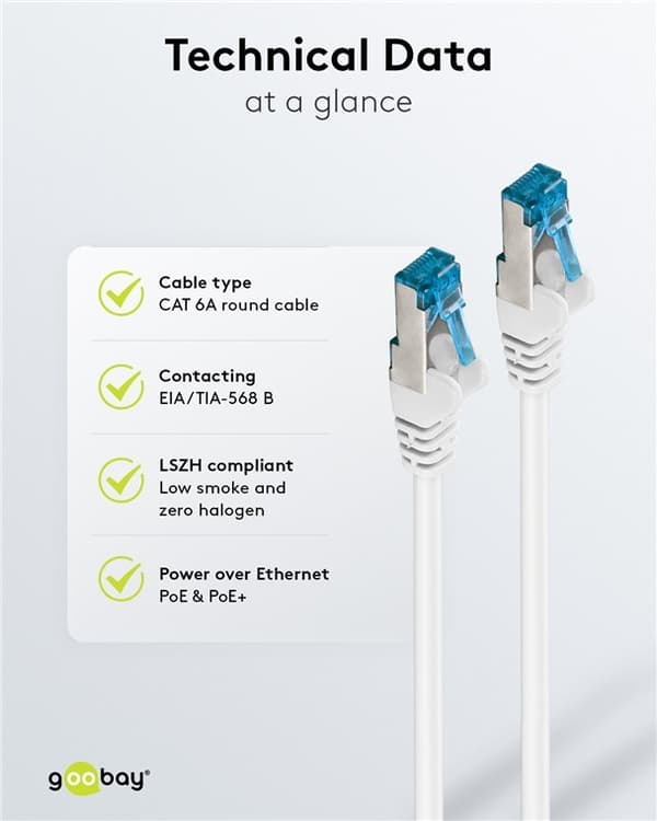 Goobay Kretskabel CAT 6A, S/FTP (PiMF), hvit, 1,5 m kobberleder (CU), halogenfri kabelmantel (LSZH)