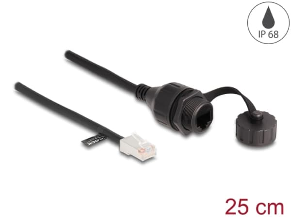 Delock-kabel RJ45-plugg til RJ45-kontakt for installasjon med hette Cat.5e FTP IP68 støv- og vanntett 25 cm