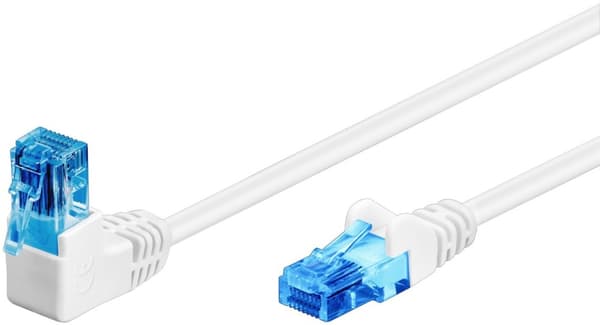 Goobay Patchkabel CAT 6A, 1x 90° vinklad, U/UTP, vit kopparklädd aluminiumtråd (CCA), snäpplås på toppen, 0.25 m