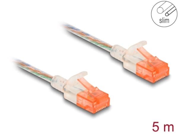 Delock - Nätverkskabel - RJ-45 (hane) till RJ-45 (hane) - 5 m - 3.5 mm - UTP - CAT 6a - hakfri, slim - transparent