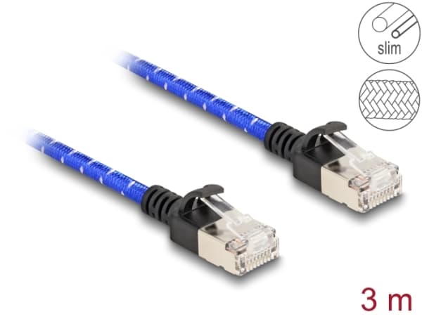 Delock - Nätverkskabel - RJ-45 (hane) till RJ-45 (hane) - 3 m - 4.1 mm - U/FTP - CAT 6a - hakfri, slim, flätad beläggning - blå